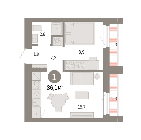 Планировка 1-комн 36,12 м²