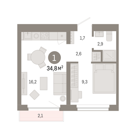 Планировка 1-комн 34,8 м²