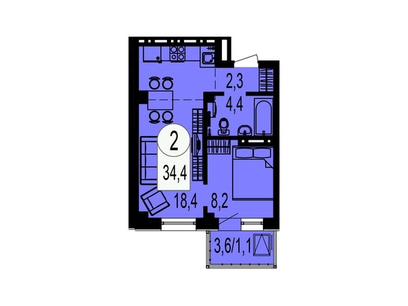 Планировка двухкомнатной квартиры 34,4 кв.м