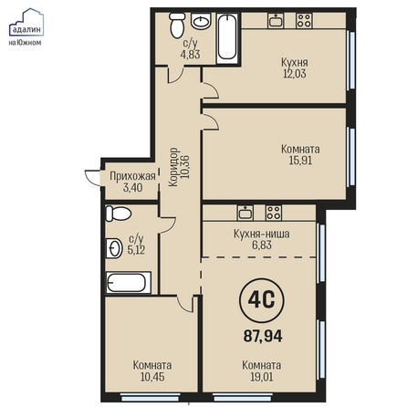 Планировка 4-комн 87,94 м²