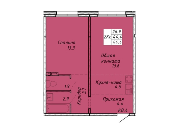 Планировка 2-комн 44,4 м²