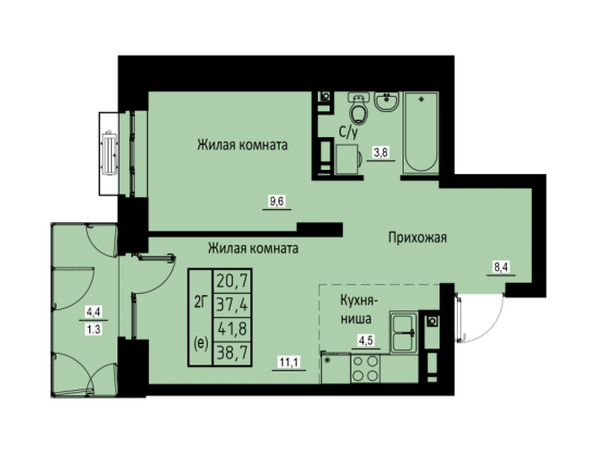 Планировка 2-комн 38,7 м²