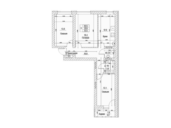 Планировка трёхкомнатной квартиры 72,5 кв. м