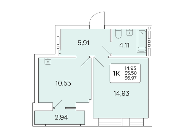 Планировка 1-комн 36,97 м²