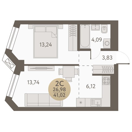 Планировка 2-комн 41,02 м²