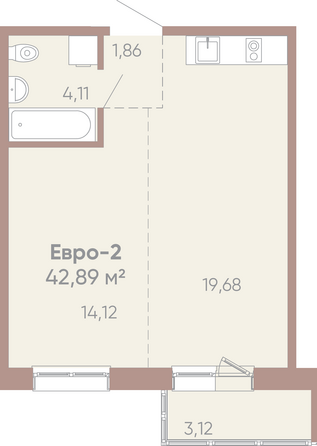 Планировка 1-комн 42,89 м²