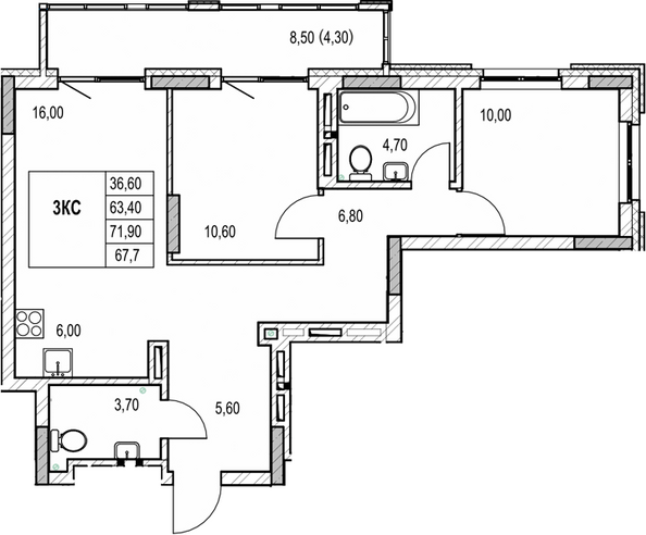 Планировка 2-комн 63,4 м²