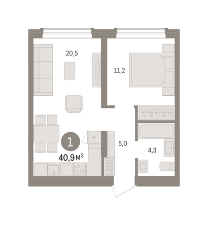 Планировка 1-комн 40,89, 41,3 м²