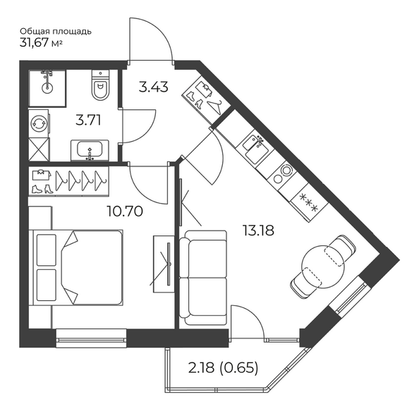Планировка 1-комн 31,67 м²
