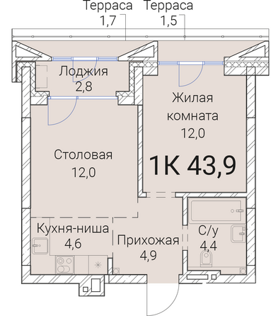 Планировка 1-комн 43,9 м²