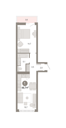 Планировка 1-комн 48,67 - 48,88 м²