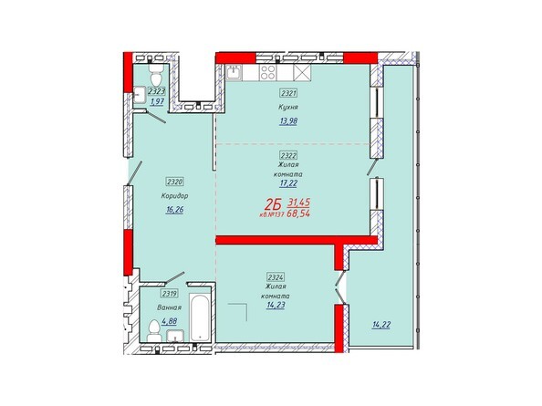 Планировка двухкомнатной квартиры 68,54 кв.м.