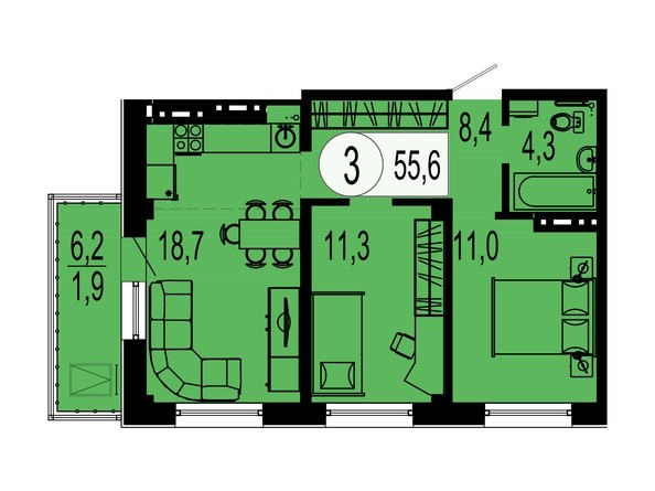 Планировка трехкомнатной квартиры 55,6 кв.м