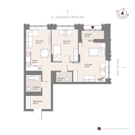 Планировка 3-комн 68,8 м²