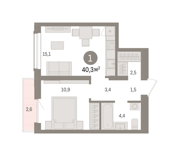 Планировка 1-комн 40,31 м²