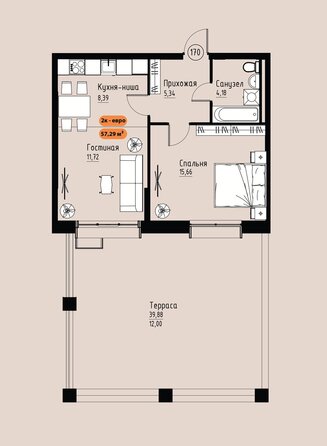 Планировка 2-комн 57,29 м²