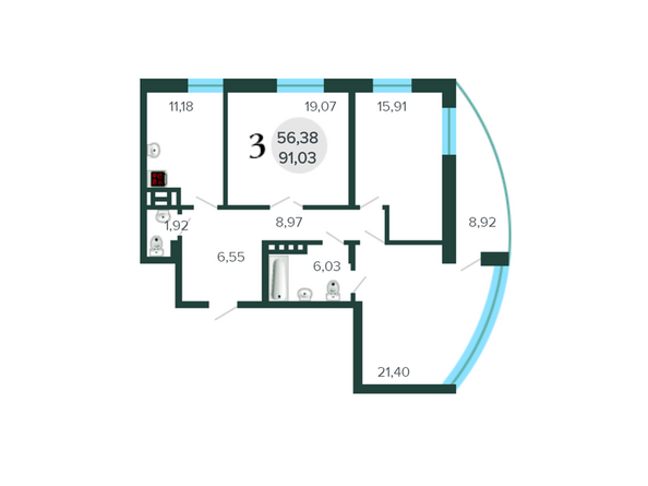 Планировка трехкомнатной квартиры 91,03 кв.м