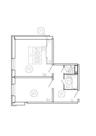 Планировка 1-комн 42 м²