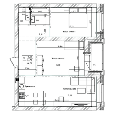 Планировка 3-комн 66,2 м²