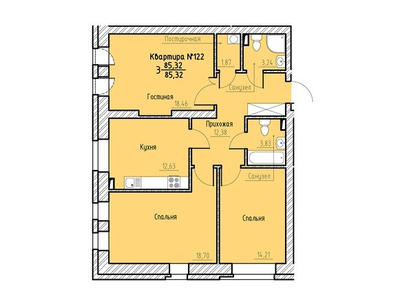 Планировка трехкомнатной квартиры 85,32 кв.м