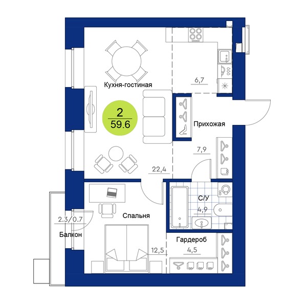Планировка 2-комн 59,6 м²