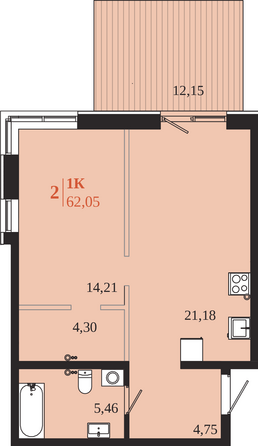 Планировка 1-комн 62,05 м²