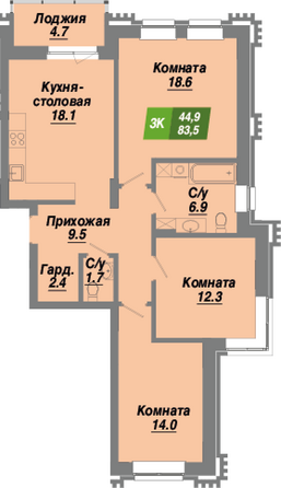 Планировка 3-комн 83,5 м²