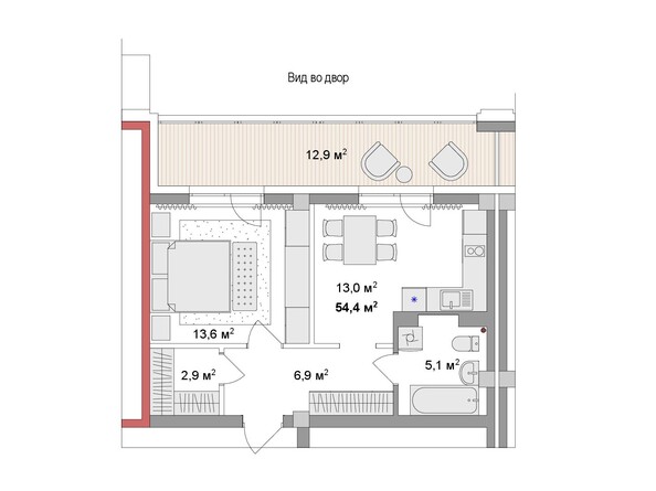Планировка 2-комн 51,23 м²