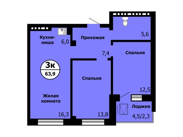 Планировка 3-комнатной студии 63,9 кв.м