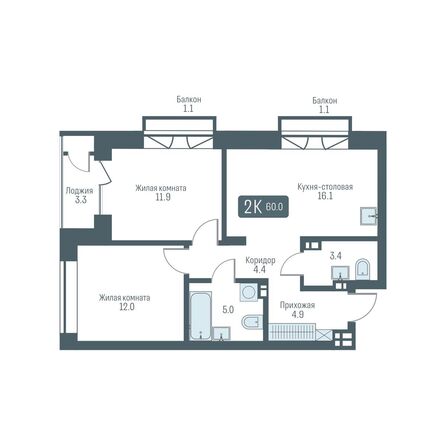 Планировка 2-комн 60 м²