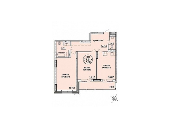 Планировка трехкомнатной квартиры 71,51 кв.м
