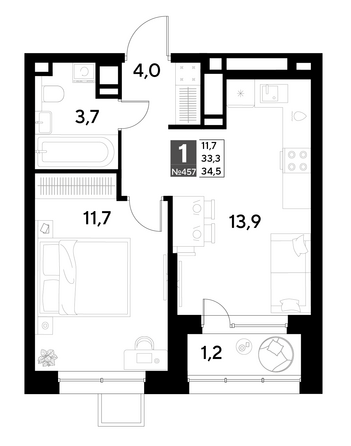 Планировка 1-комн 34,5 м²