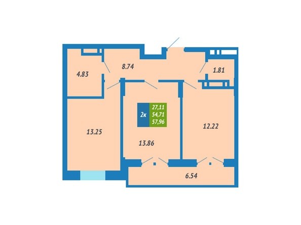 Планировка 2-комнатной квартиры 57,96 кв.м