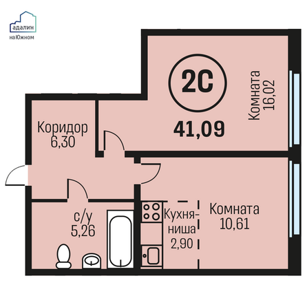 Планировка 2-комн 41,09 м²