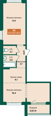 Планировка 2-комн 50,6, 51,4 м²