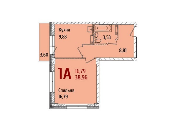 Планировка 1-комнатной квартиры 38,96 кв.м