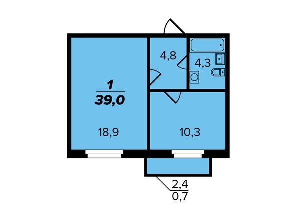 1-комнатная 39 кв.м. 2 секция