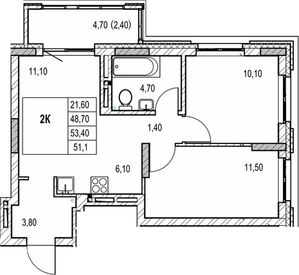 Планировка 2-комн 48,7 м²
