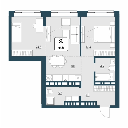 Планировка 3-комн 63,6 м²