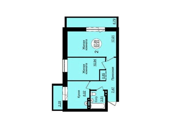 Планировка двухкомнатной квартиры 52,83 кв.м