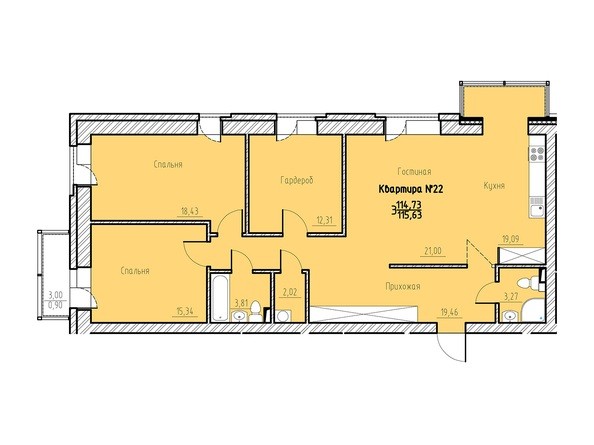 Планировка трехкомнатной квартиры 115,63 кв.м