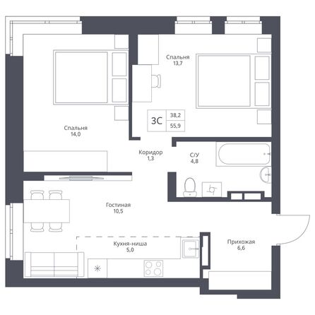 Планировка 3-комн 55,9 м²