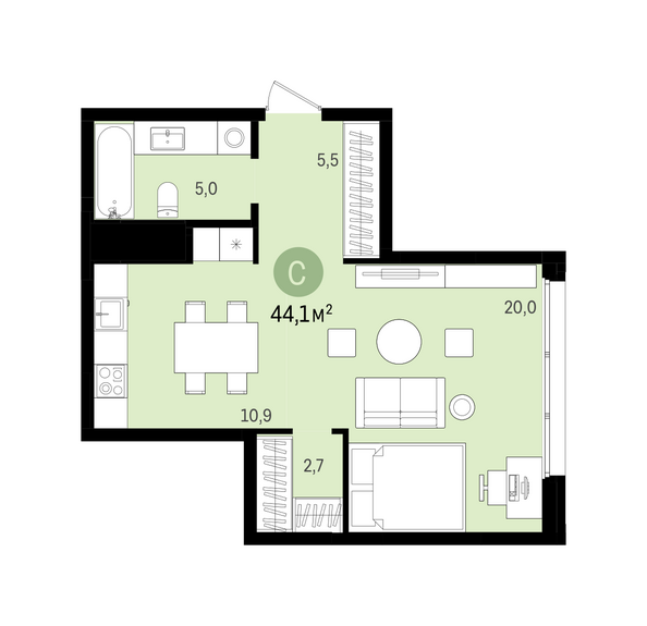 Планировка Студия 44,05 м²