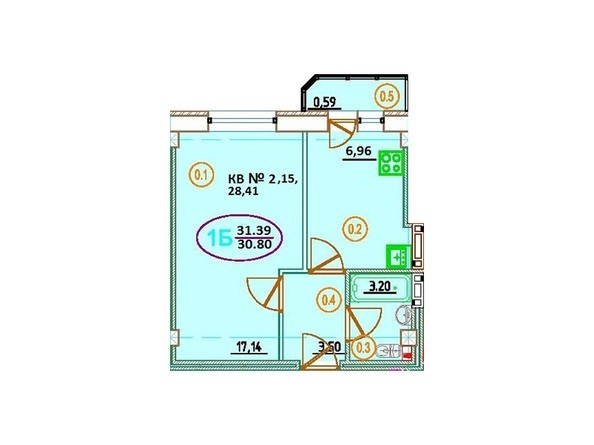 Планировка 1-комнатной квартиры 31,39 кв.м