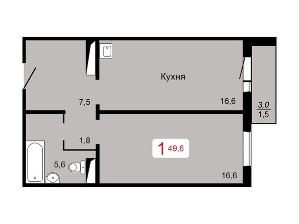 1-комнатная 49,6 кв.м