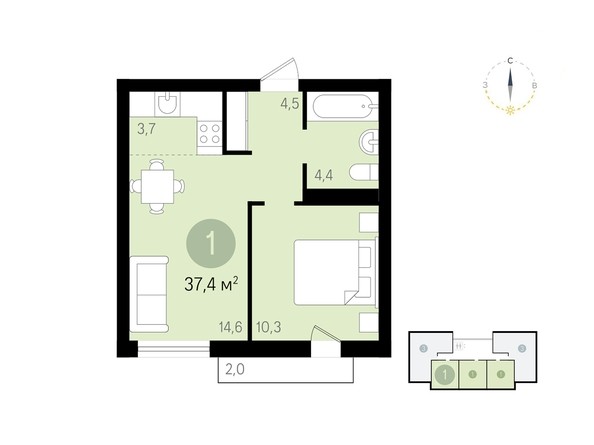 Планировка 1-комнатной квартиры 37,4 кв.м