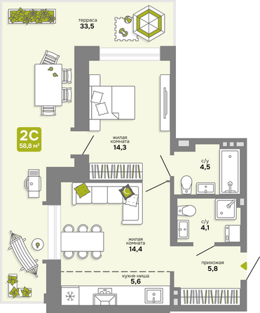 Планировка 2-комн 58,8 м²