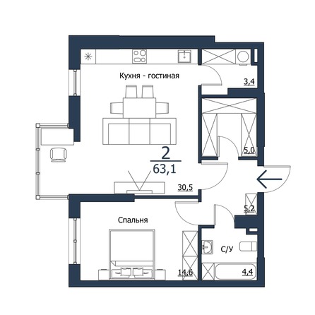 Планировка 2-комн 63,1 м²