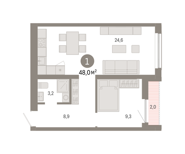 Планировка 1-комн 48,02 м²