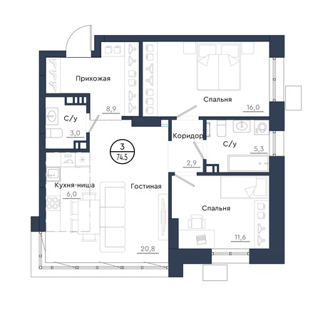 Планировка 3-комн 74,5 м²
